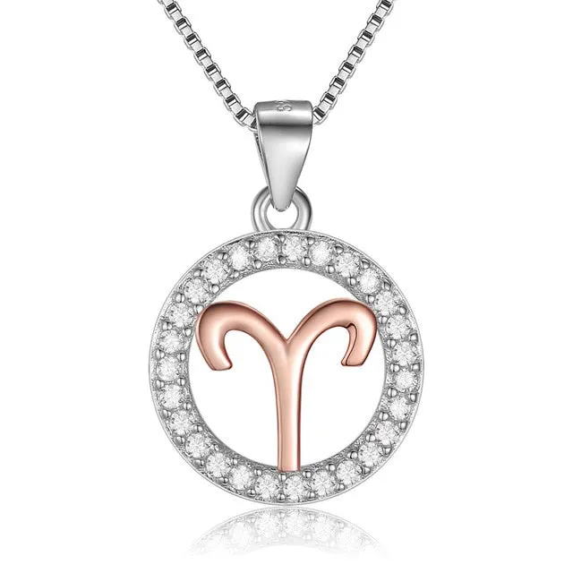 Rose Gold Zodiac Sign 925 Sterling Silver Long Chain Pendant Necklace