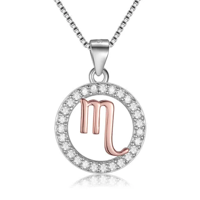 Rose Gold Zodiac Sign 925 Sterling Silver Long Chain Pendant Necklace