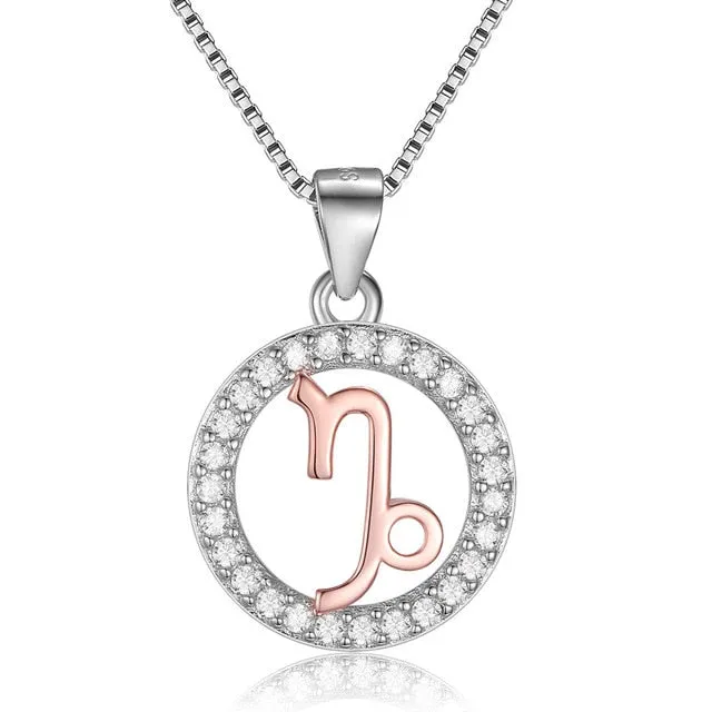 Rose Gold Zodiac Sign 925 Sterling Silver Long Chain Pendant Necklace