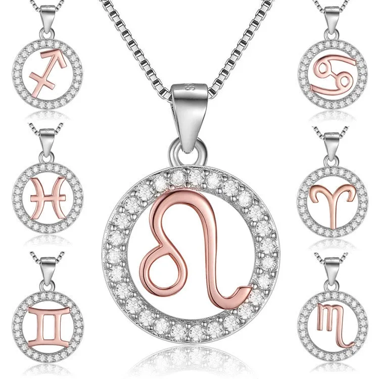 Rose Gold Zodiac Sign 925 Sterling Silver Long Chain Pendant Necklace