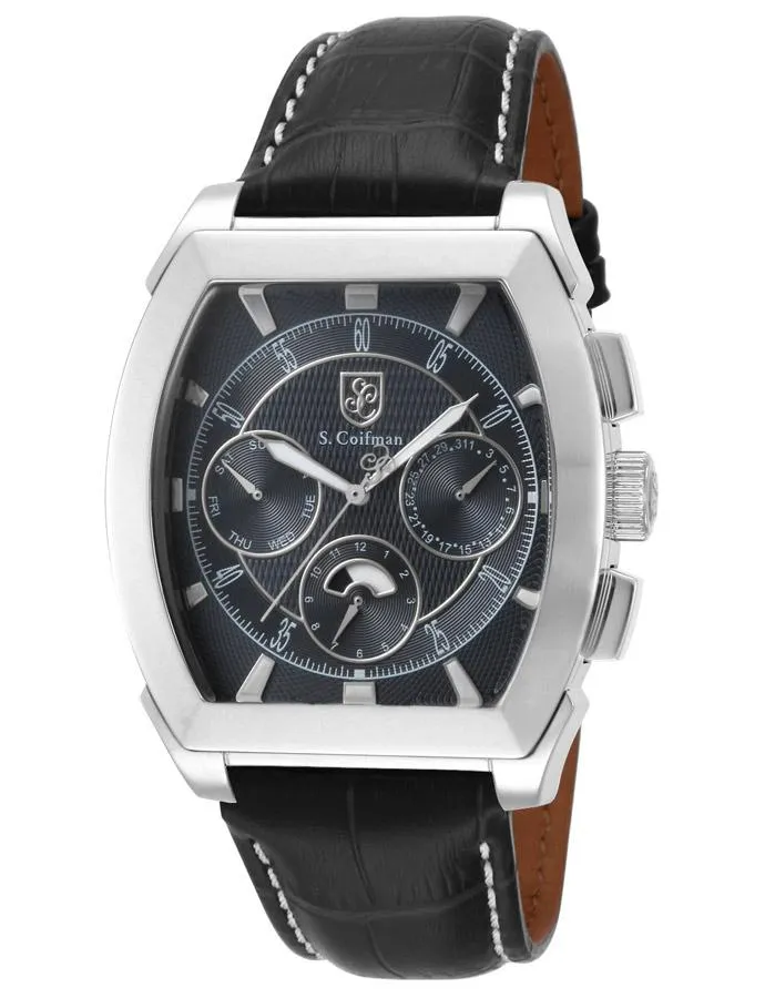 S.Coifman Mens Tonneau Day/Date Watch - Stainless - Black Dial & Leather Strap