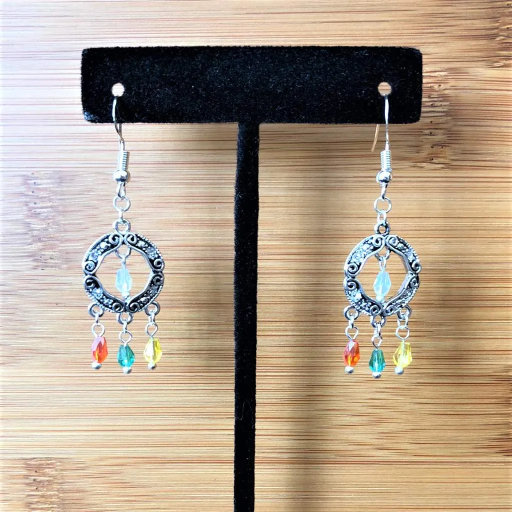 Silver Round Multi Colored Crystal Drop Earrings