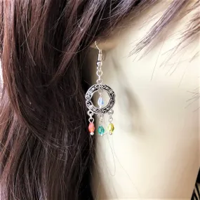 Silver Round Multi Colored Crystal Drop Earrings