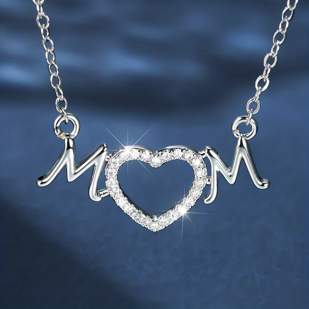 Simple Daily MOM Full White Zircon Heart Necklace Mother's Day Valentine's Day Birthday Gift