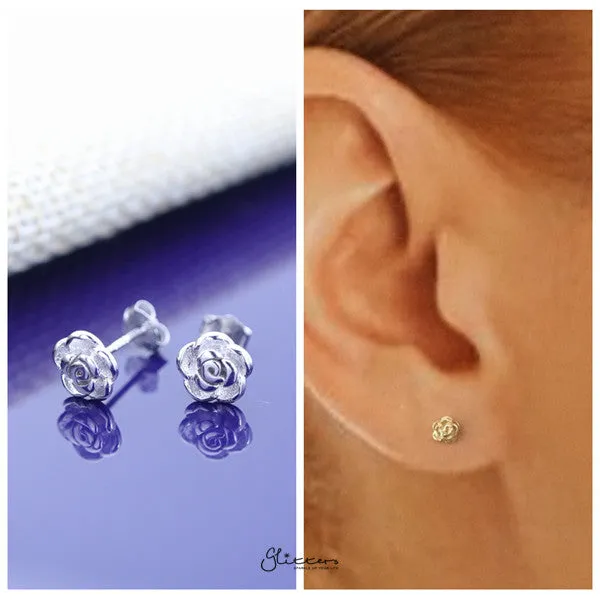 Solid 925 Sterling Silver Rose Flower Stud Earrings