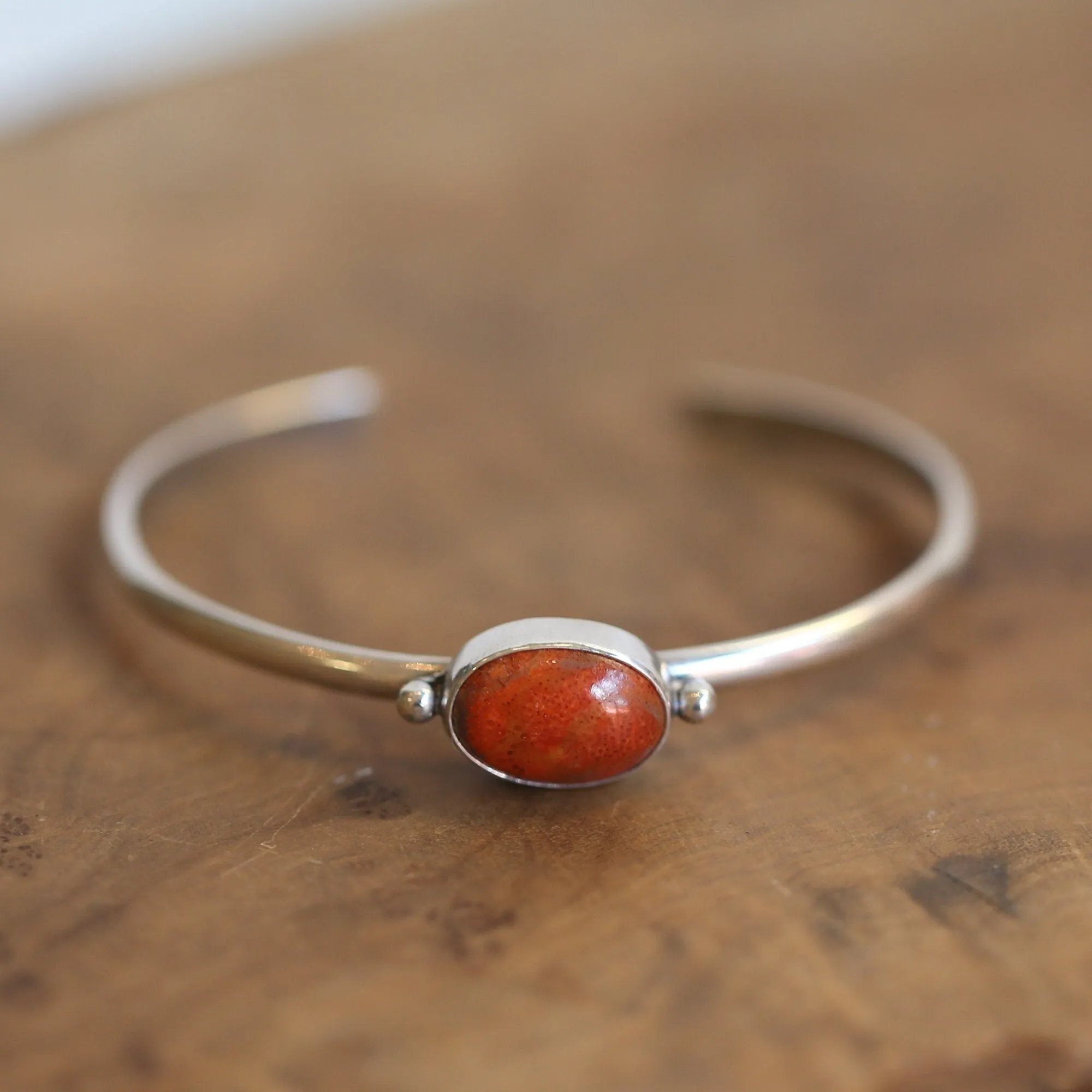 Sponge Coral Cuff Bracelet - Red Sponge Coral Bracelet - Sponge Coral Bangle - .925 Sterling Silver