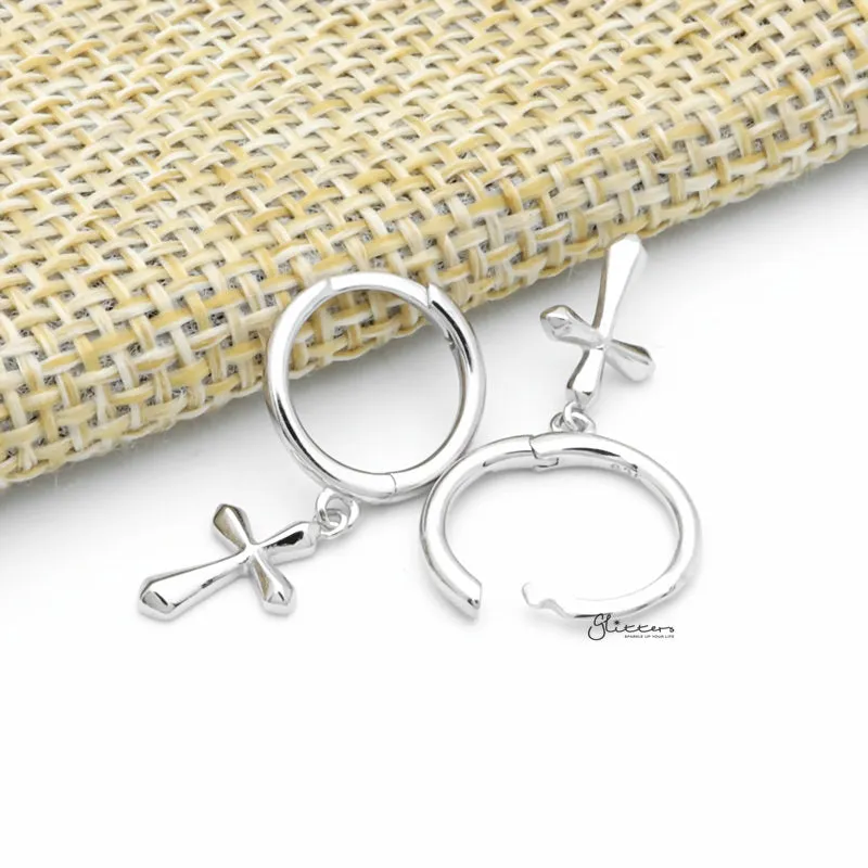 Sterling Silver Huggie Hoop Earrings with Dangle Cross - Silver