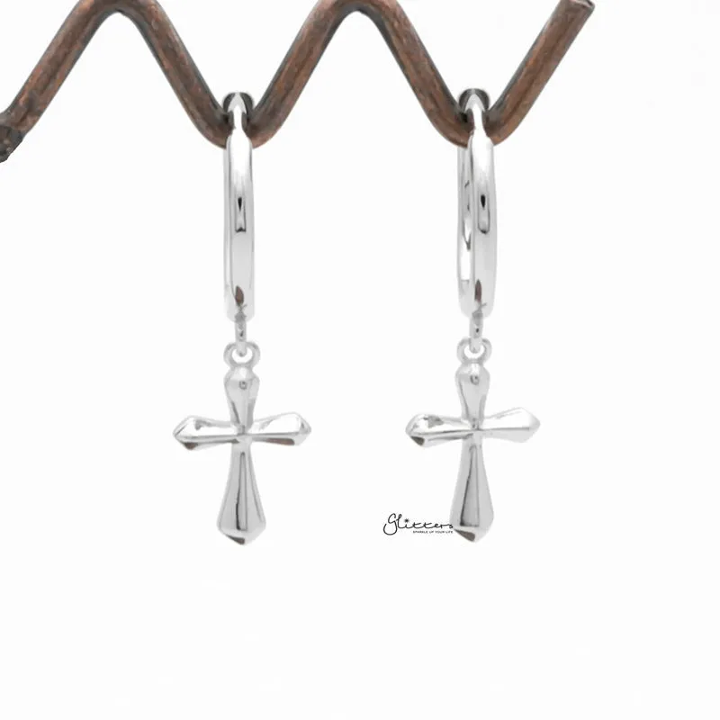 Sterling Silver Huggie Hoop Earrings with Dangle Cross - Silver