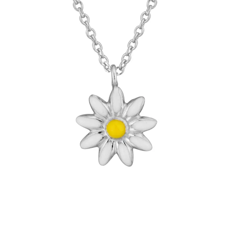 STERLING SILVER WHITE AND YELLOW ENAMEL DAISY PENDANT NECKLACE