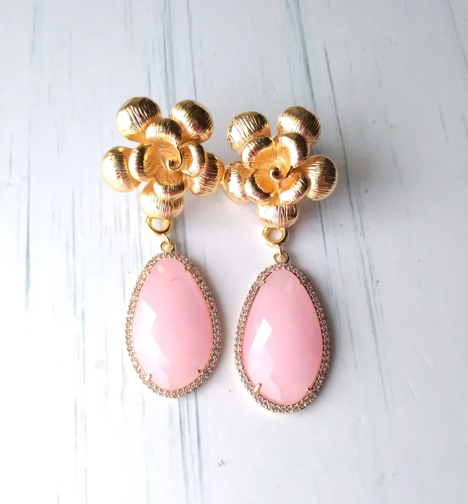 Textured Rose Studs with Haloed Pink Chalcedony Detachable Dangles