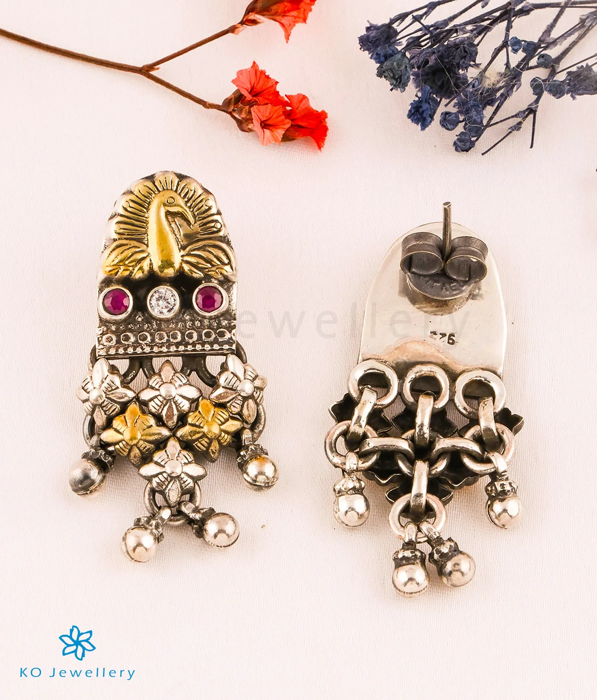 The Viniti Silver Antique Peacock Earrings (2 tone)