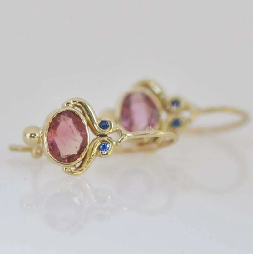 Unique Gold Color Oval Pink Simulated Tourmaline Dangle Hook Earrings