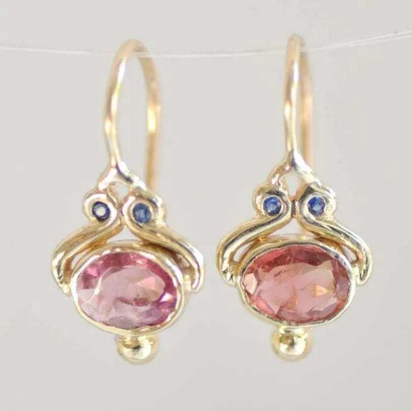 Unique Gold Color Oval Pink Simulated Tourmaline Dangle Hook Earrings