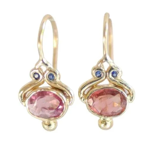 Unique Gold Color Oval Pink Simulated Tourmaline Dangle Hook Earrings