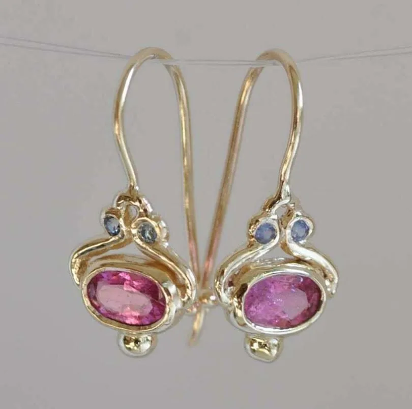 Unique Gold Color Oval Pink Simulated Tourmaline Dangle Hook Earrings