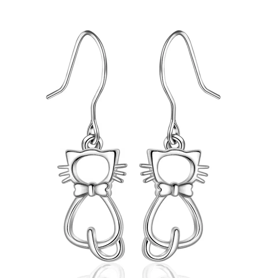 Whiskered Cat Drop Earrings in Solid 925 Sterling Silver