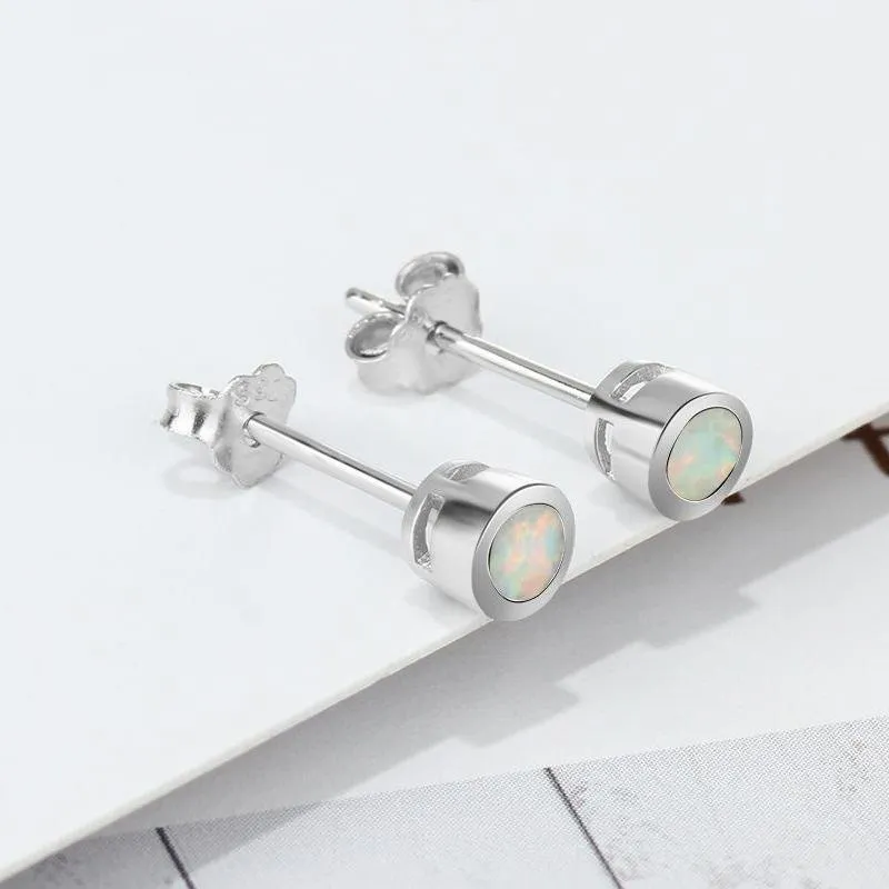 White Bezel Opal Silver Earrings