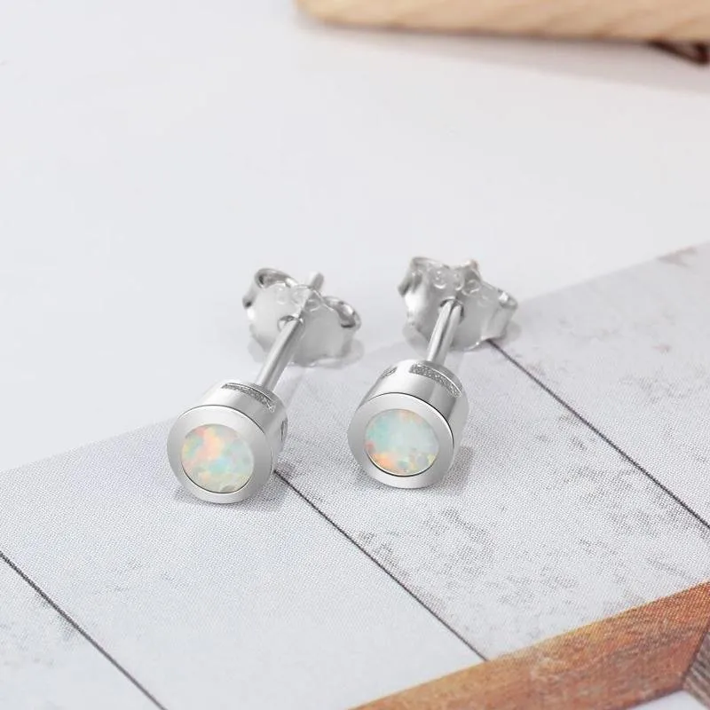 White Bezel Opal Silver Earrings