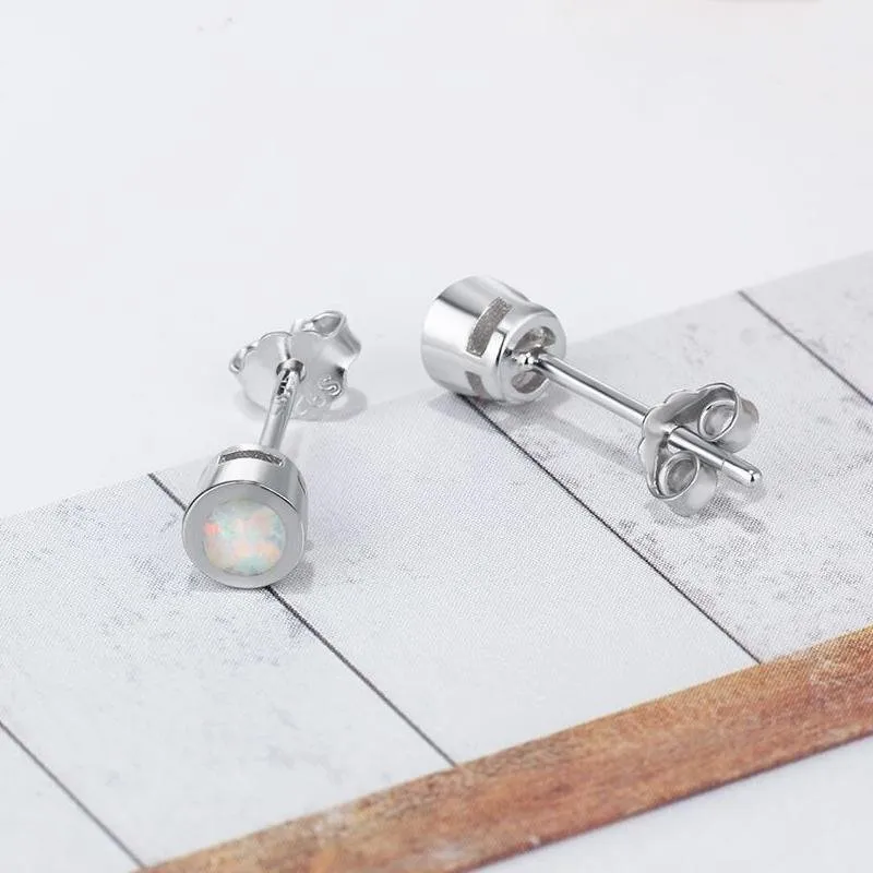 White Bezel Opal Silver Earrings