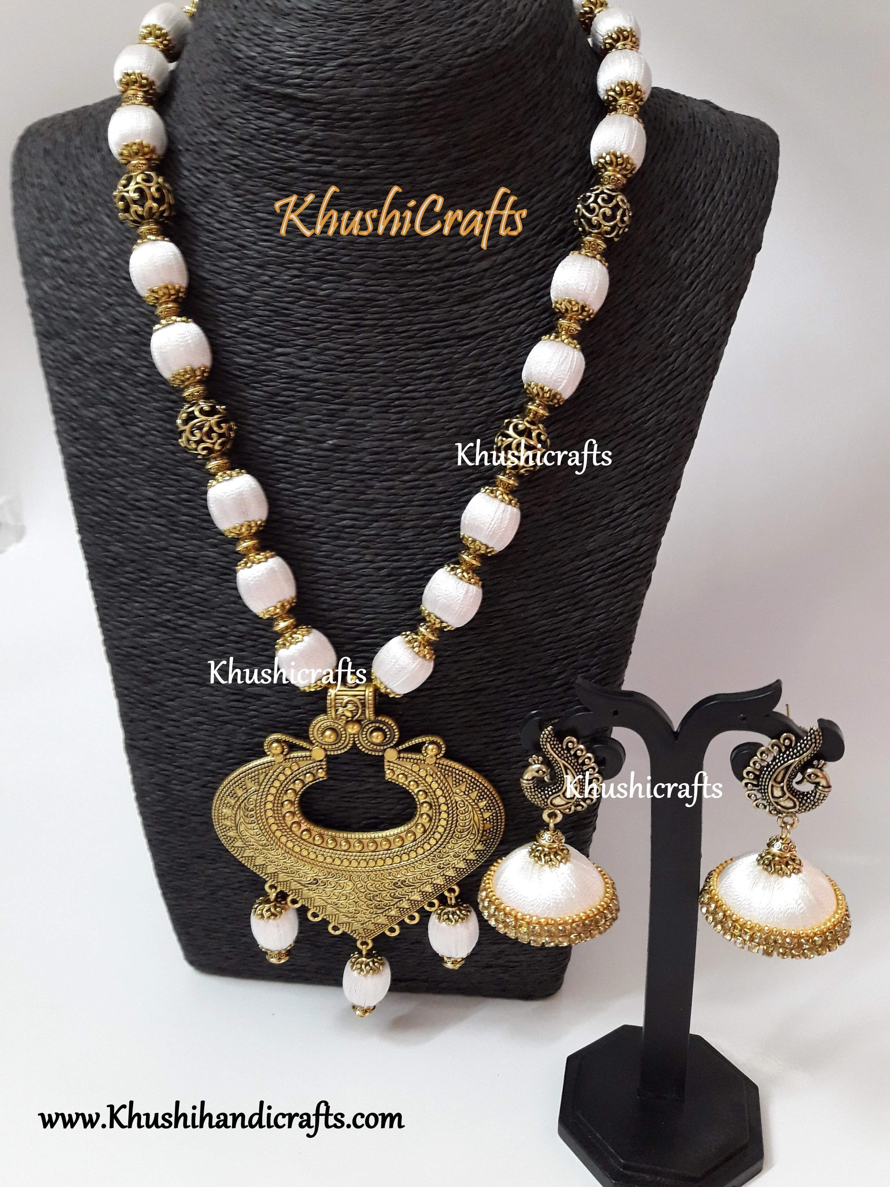 White shaded Silk Thread Jewelry Set with Designer Pendant!