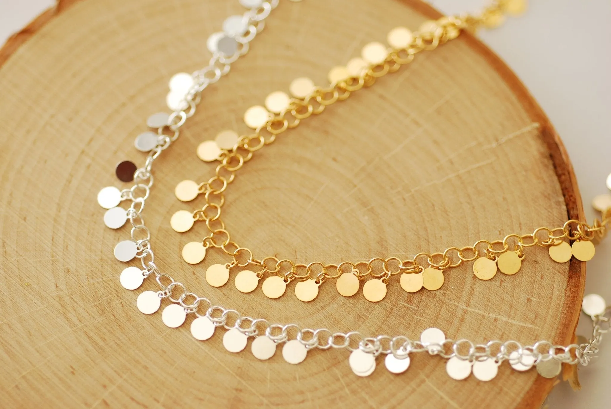 Wholesale Sterling Silver or Vermeil Gold Round Disc Chain l Dangling 4mm Disc Chain Permanent Jewelry Plated Chain Cable Chain