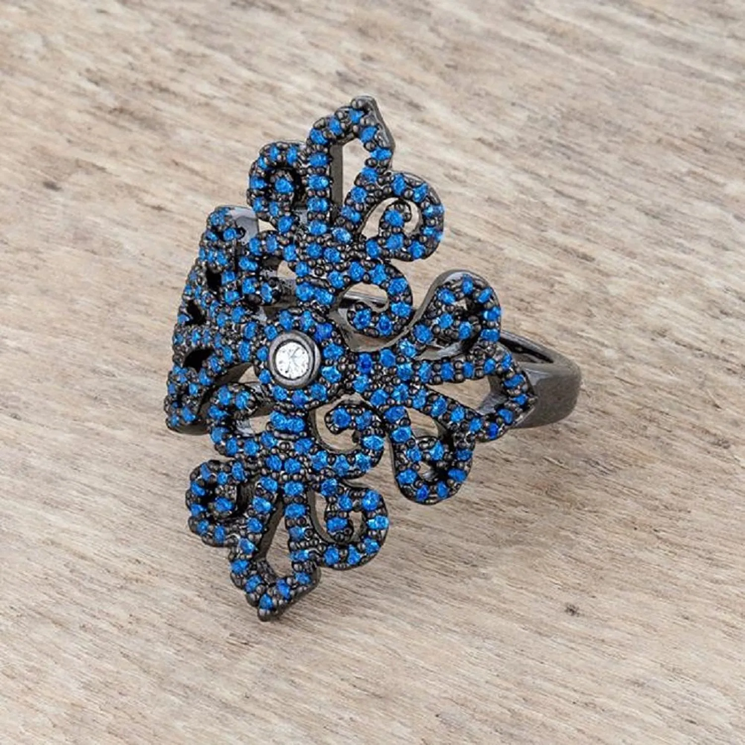 WildKlass 1.23ct Sapphire CZ Hematite Filigree Cocktail Ring