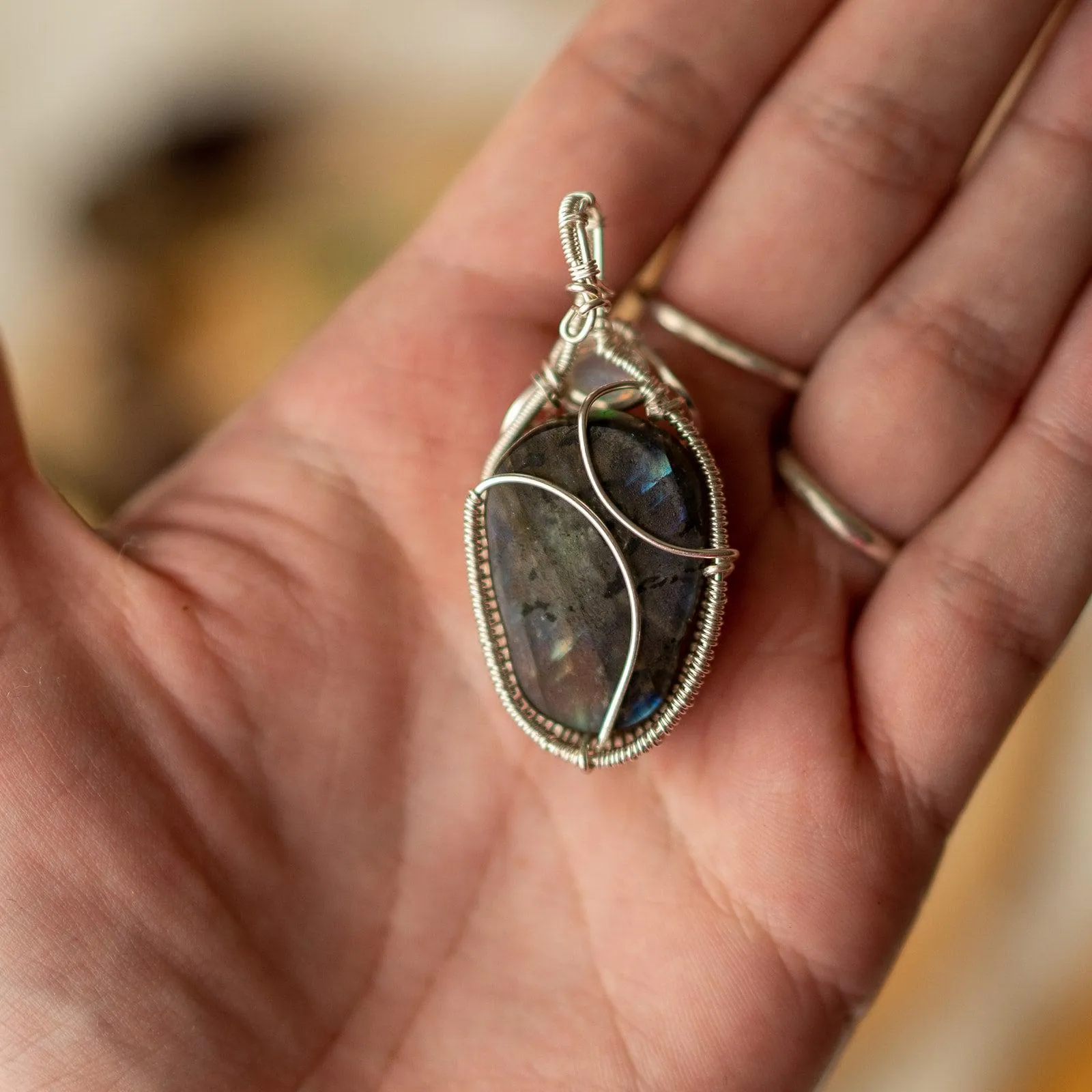 Wire Wrapped Skull Carving Flashy Labradorite Pendant~ with Opal Accents ~ gorgeous rainbows~ Includes Silver Chain