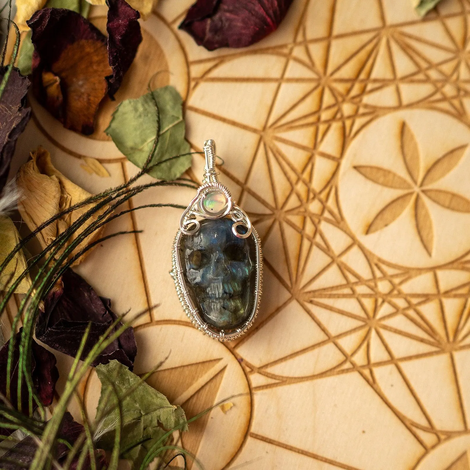 Wire Wrapped Skull Carving Flashy Labradorite Pendant~ with Opal Accents ~ gorgeous rainbows~ Includes Silver Chain