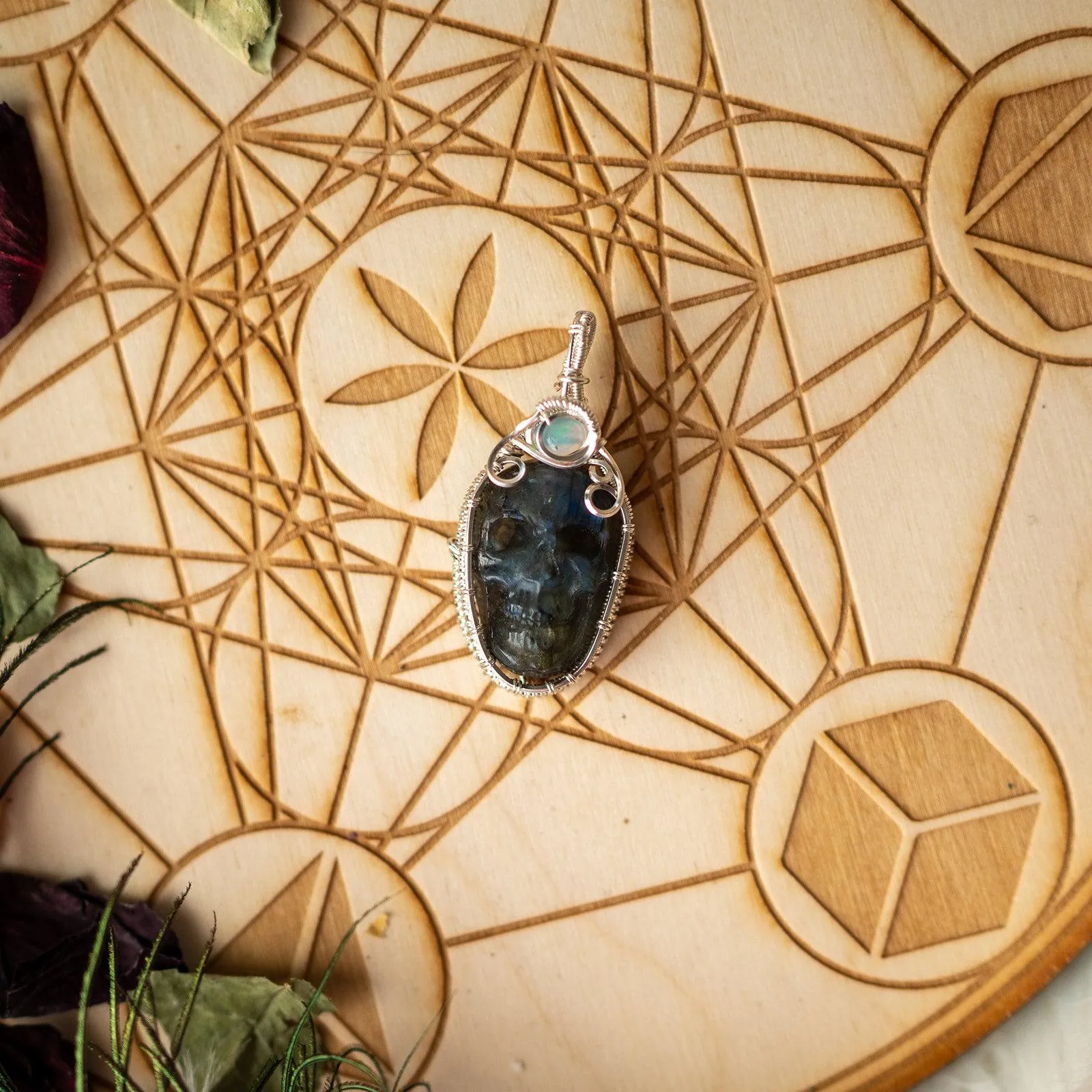 Wire Wrapped Skull Carving Flashy Labradorite Pendant~ with Opal Accents ~ gorgeous rainbows~ Includes Silver Chain