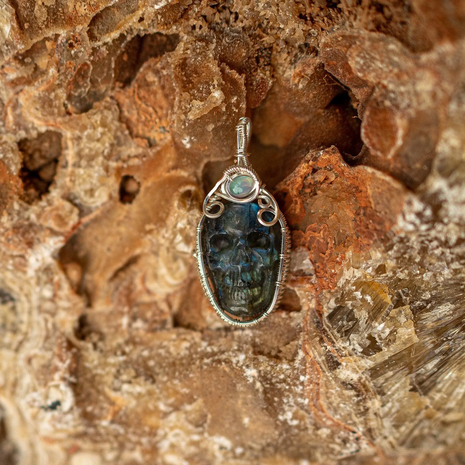 Wire Wrapped Skull Carving Flashy Labradorite Pendant~ with Opal Accents ~ gorgeous rainbows~ Includes Silver Chain