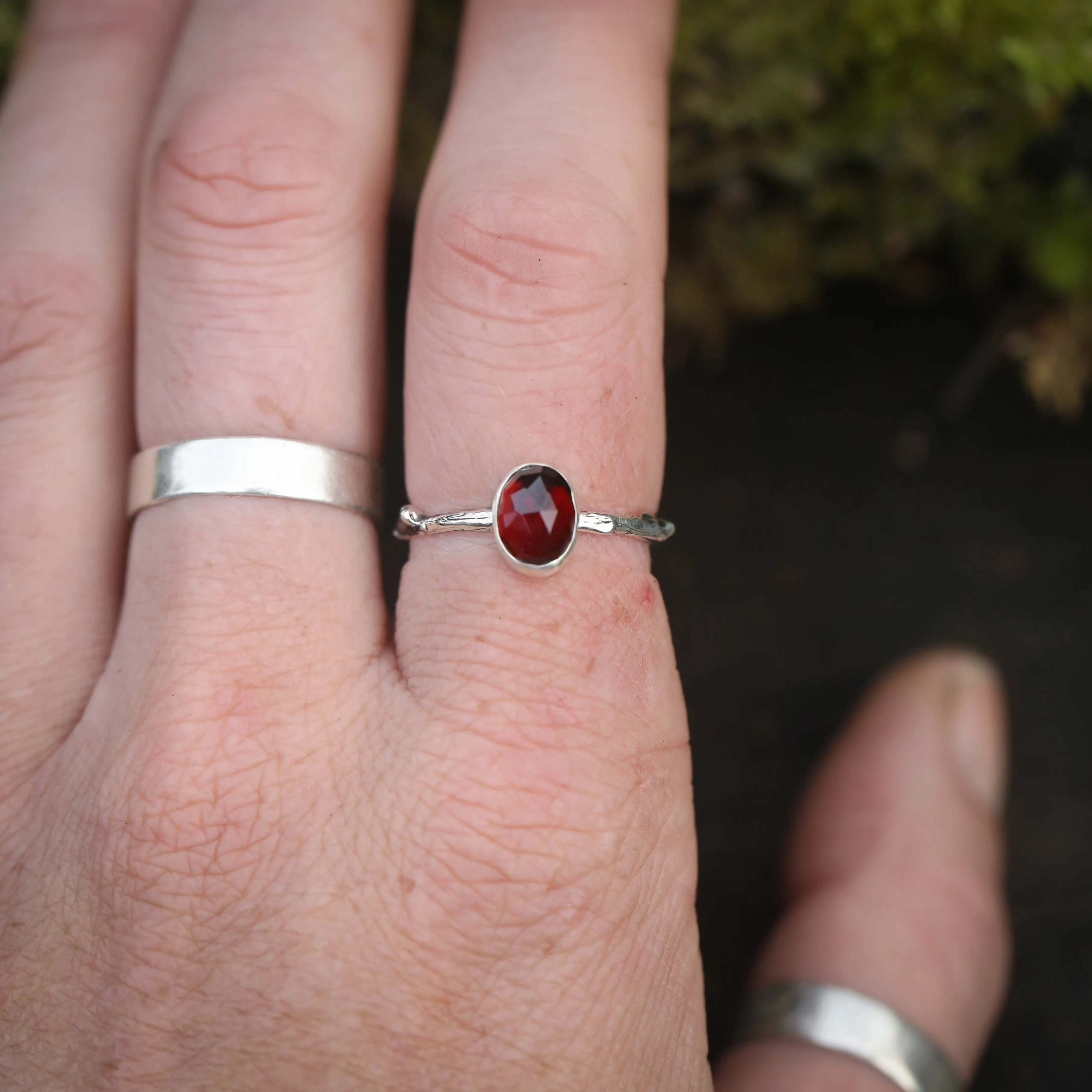 Woodland Twig Rings with Moonstone, Garnet, and Turquoise