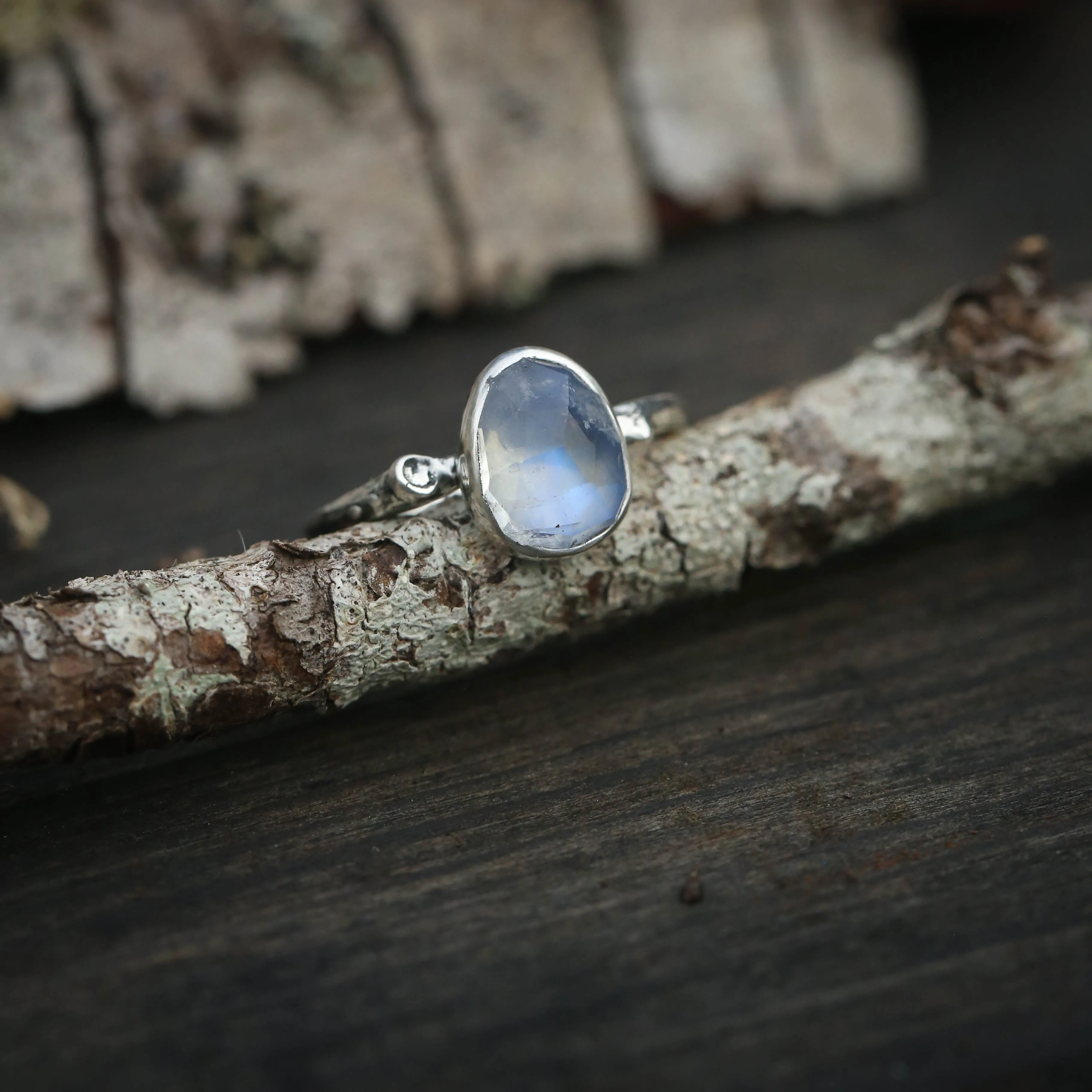 Woodland Twig Rings with Moonstone, Garnet, and Turquoise