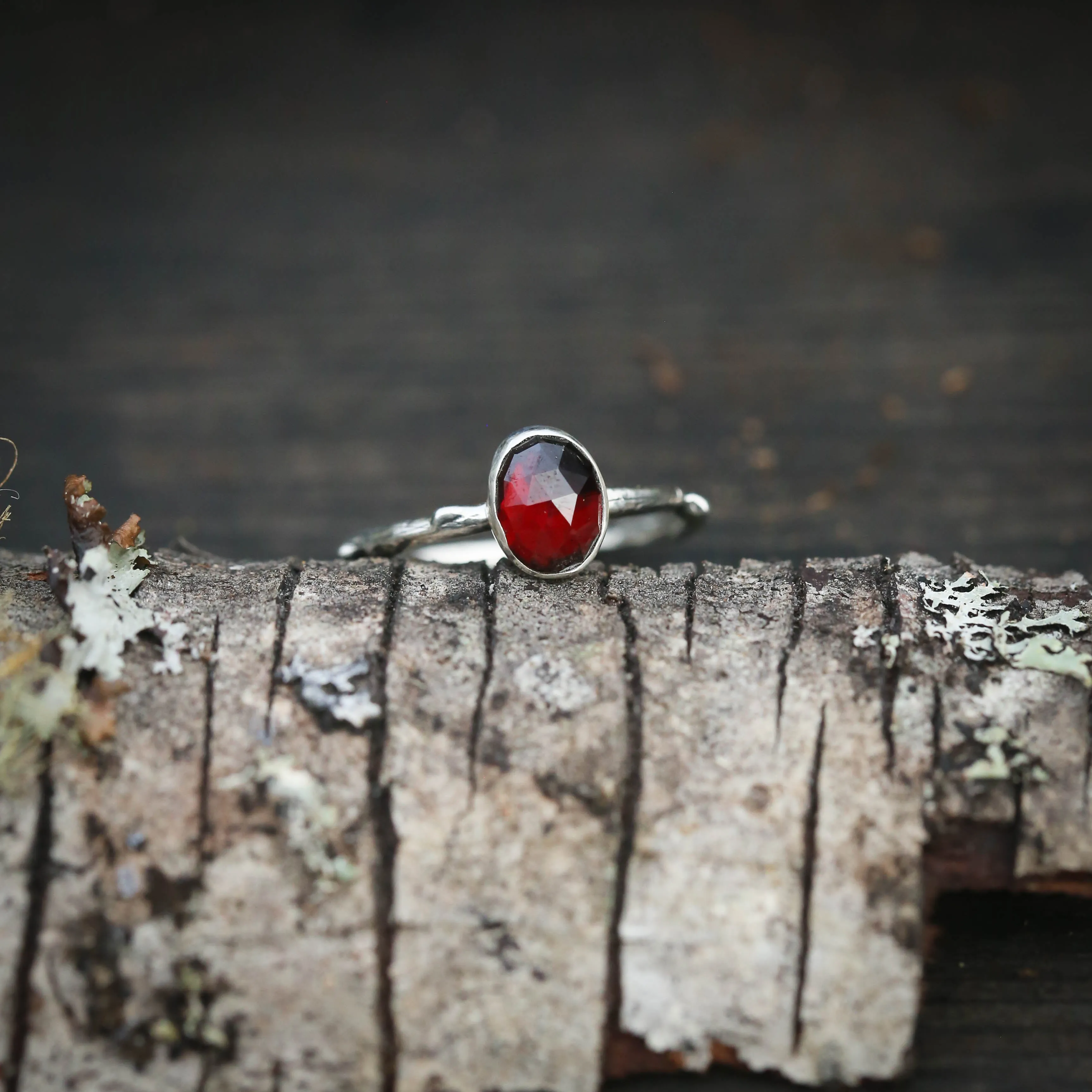 Woodland Twig Rings with Moonstone, Garnet, and Turquoise